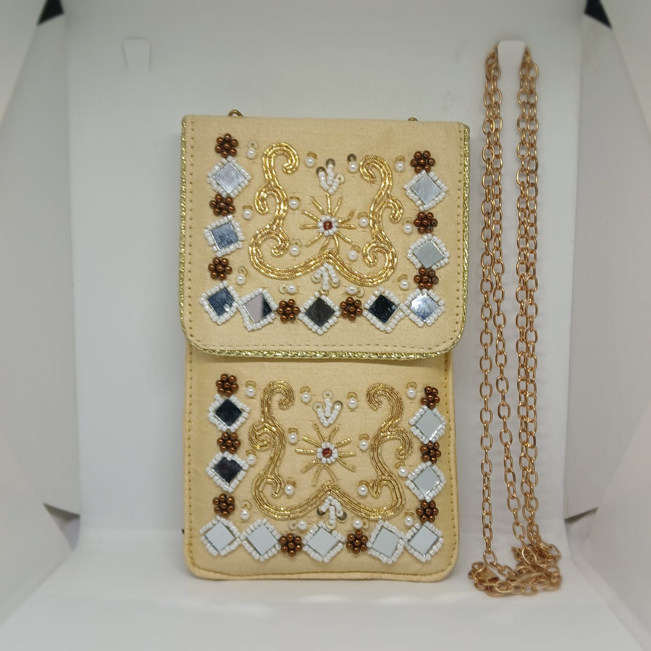 Handcrafted Golden color Embroidered Mobile Pouch for Women | Beaded Designer Phone Sleeve with Flap Closure | Traditional Ethnic Mobile Cover | Gift for Women & Girls