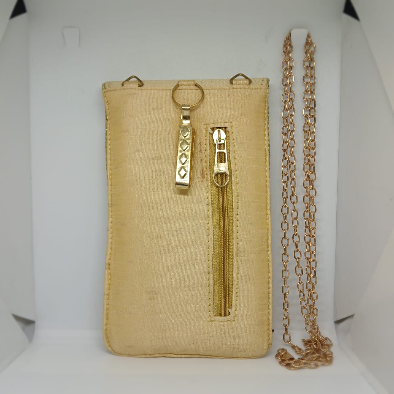 Handcrafted Golden color Embroidered Mobile Pouch for Women | Beaded Designer Phone Sleeve with Flap Closure | Traditional Ethnic Mobile Cover | Gift for Women & Girls